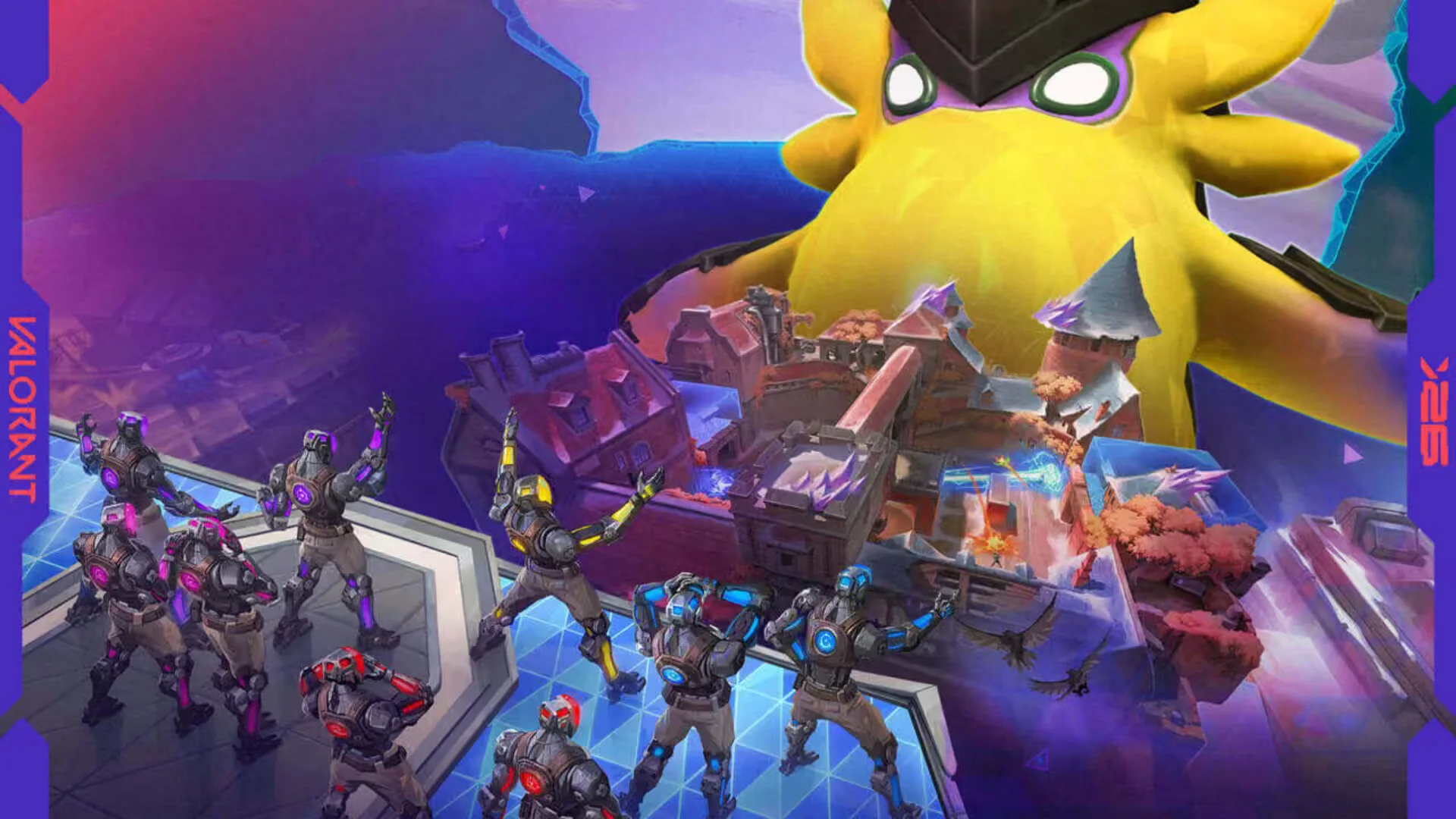 VALORANT agents stand overlooking a colorful map while a giant yellow creature towers above the battlefield.