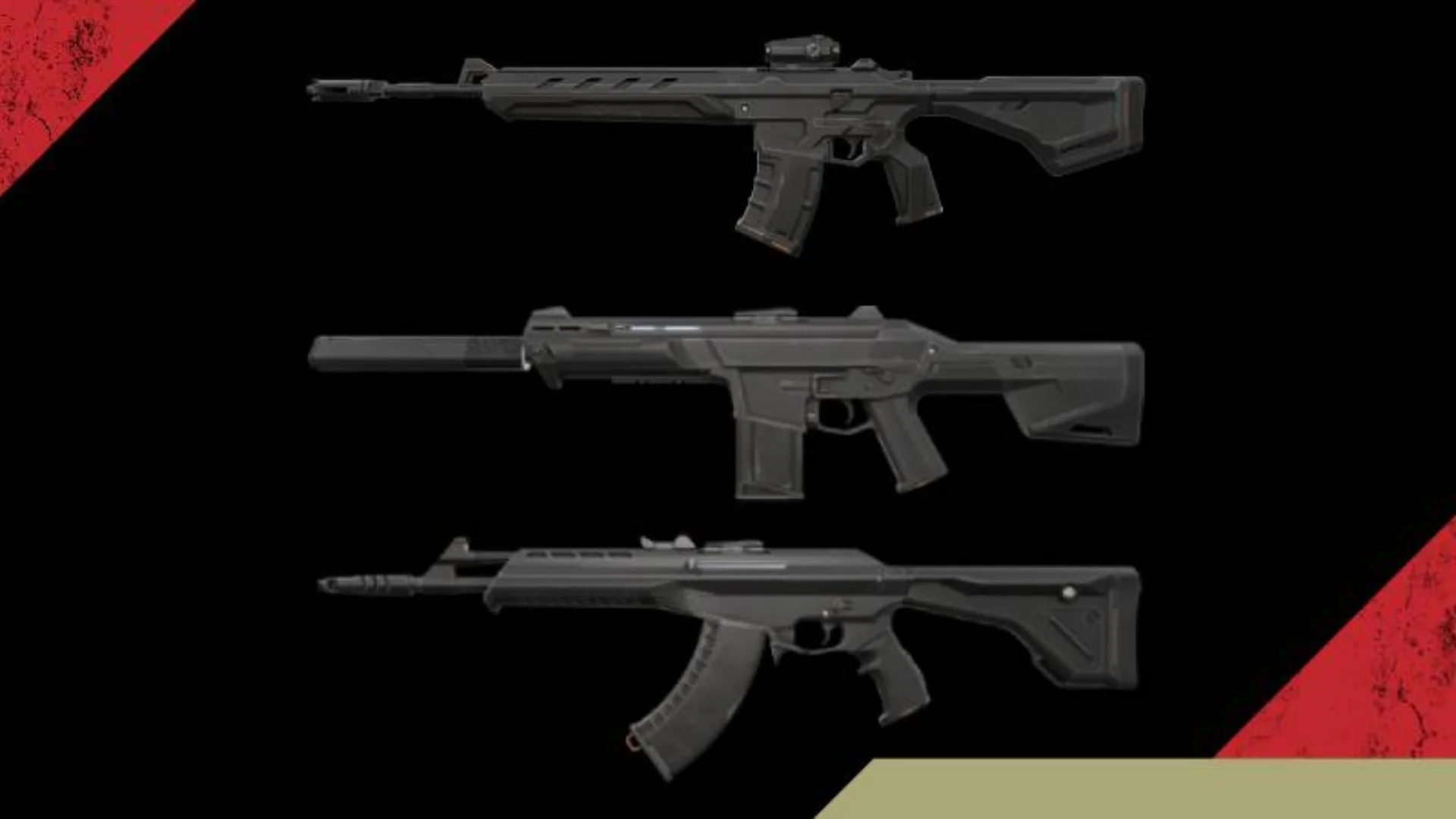 Warden, Phantom and Vandal rifles displayed vertically against a black background in VALORANT.