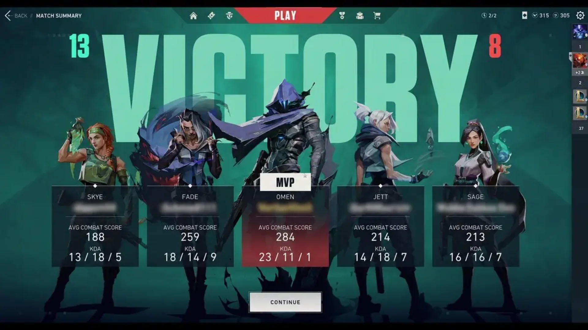 VALORANT victory screen showing Skye, Fade, Omen, Jett and Sage with individual combat scores.