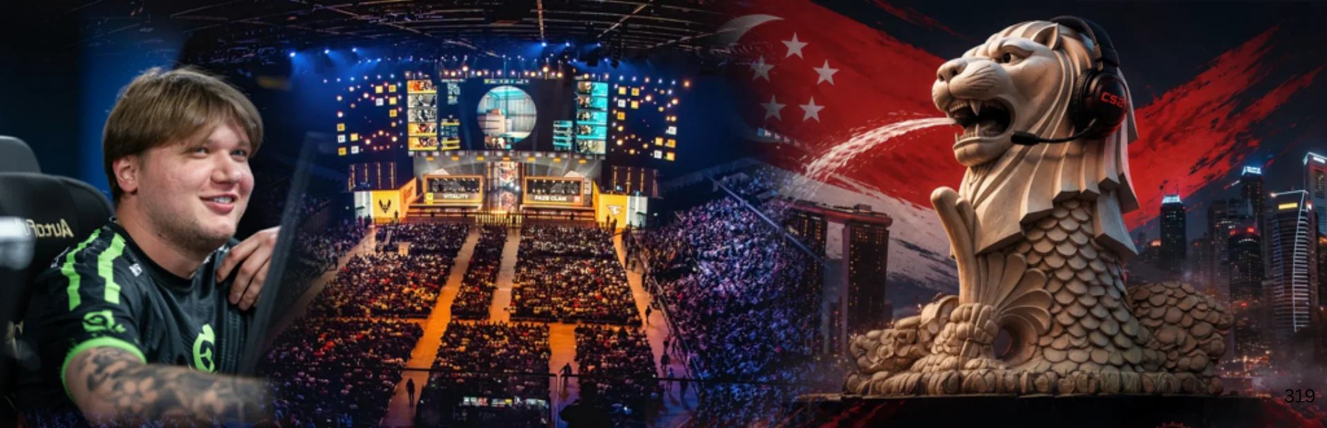 Counter-Strike 2 esports graphic featuring a BC.Game player, a tournament arena, and Singapore's Merlion landmark.
