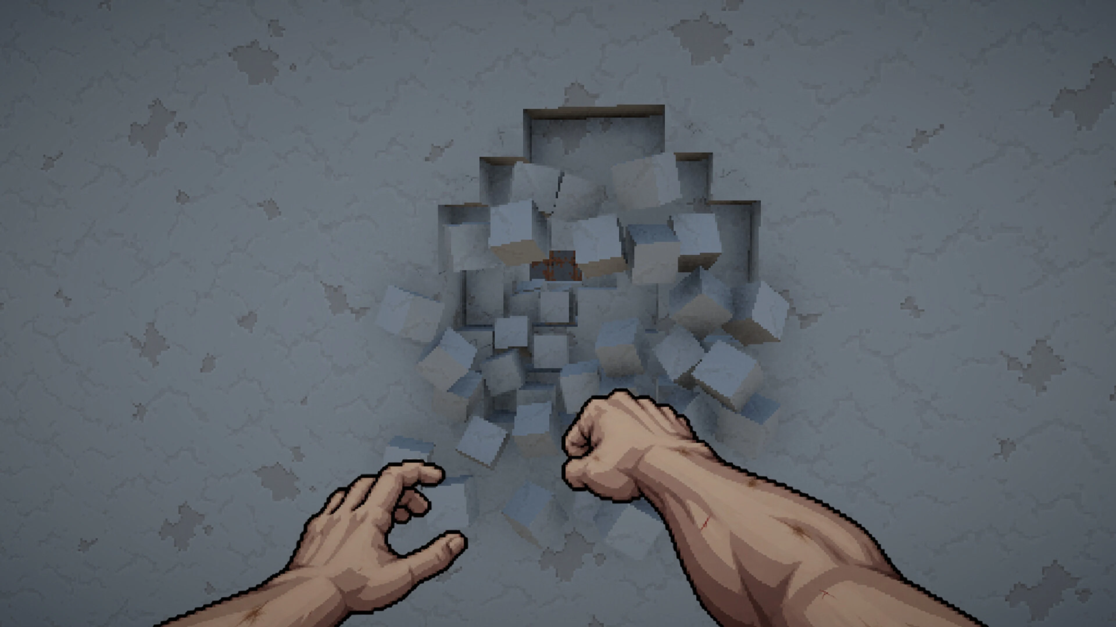 Escape the Walls gameplay showing a clenched fist breaking through a gray wall, with square chunks of debris scattered around the hole.