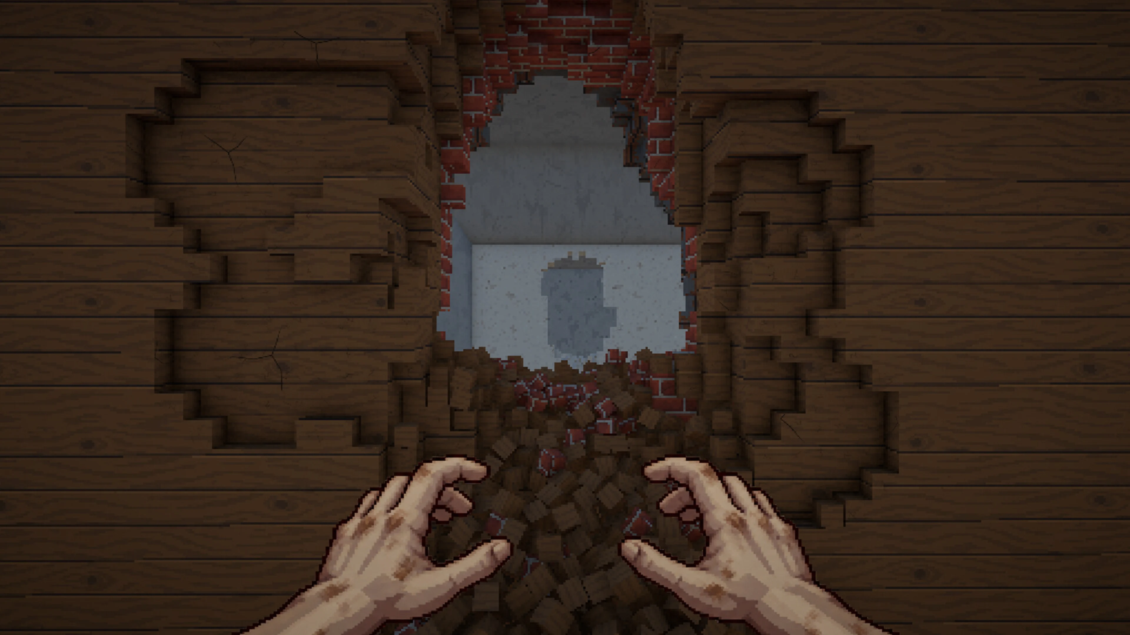 Escape the Walls gameplay showing first-person hands facing a hole punched through wooden planks and red bricks.