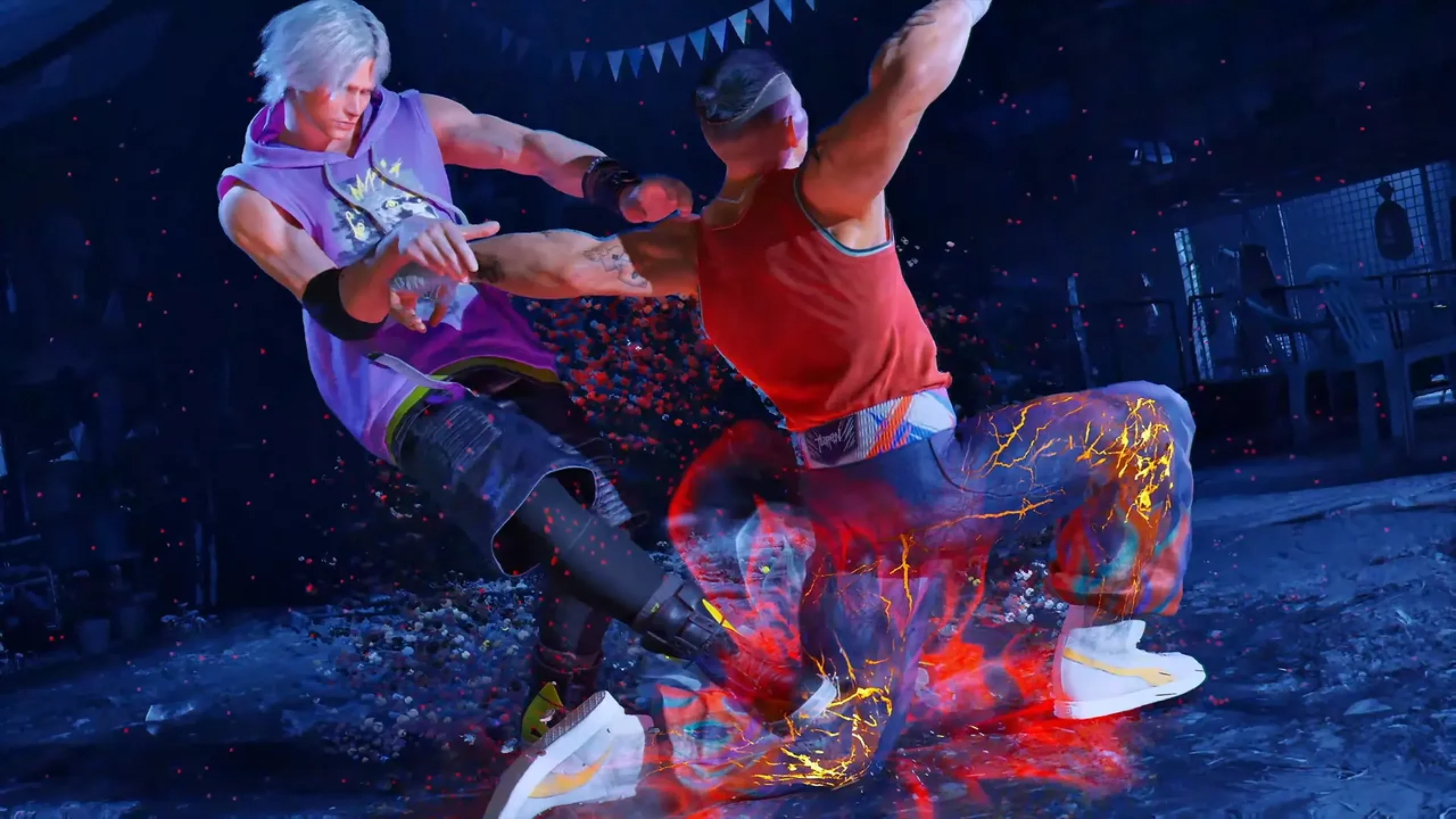Silver-haired martial artist Lionel Rafale performs a fighting stance in a purple sleeveless hoodie and dark pants on a nighttime street in Virtua Fighter Crossroads.