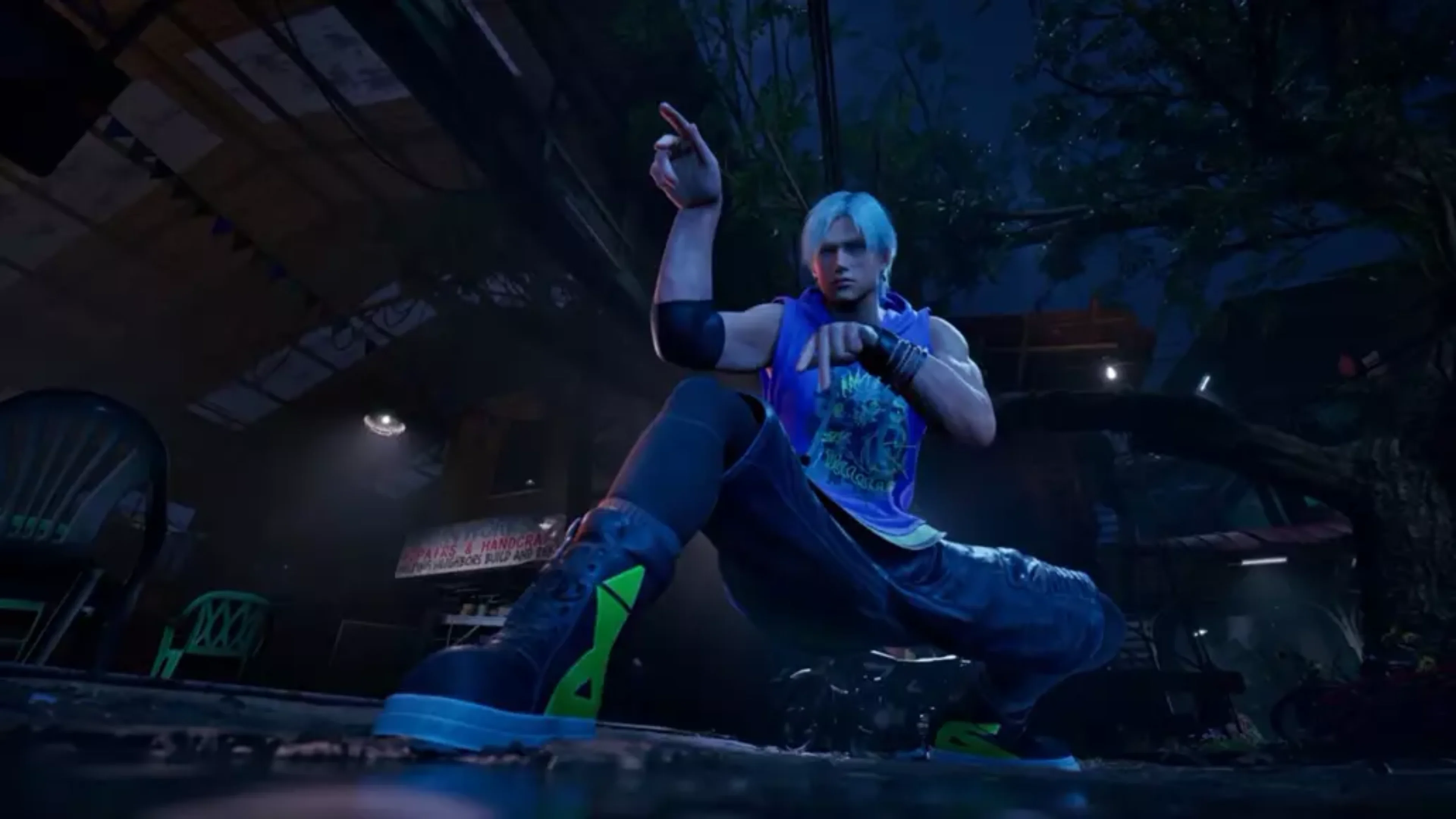 Lionel Rafale, wearing a purple sleeveless hoodie, attacks Cielo during a street fight with colorful impact effects in Virtua Fighter Crossroads.