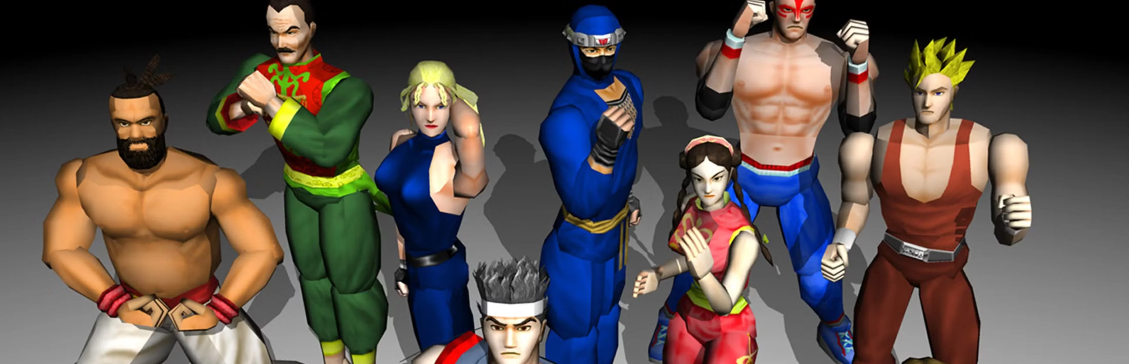A lineup of classic Virtua Fighter characters in low-polygon 3D graphics, wearing colorful martial arts outfits and posing against a dark background.