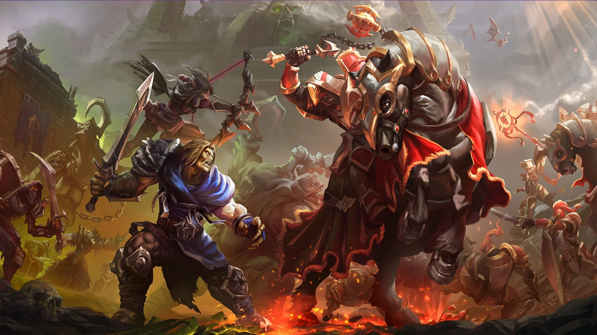 Warcraft III fantasy battle artwork showing mounted soldiers and warriors fighting.