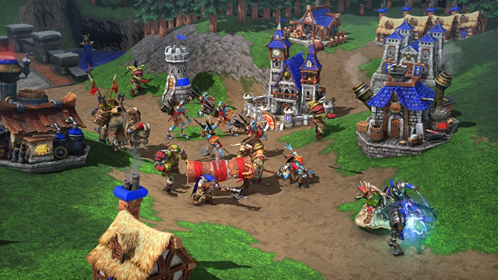 Human and Orc forces fighting around a Warcraft III base.