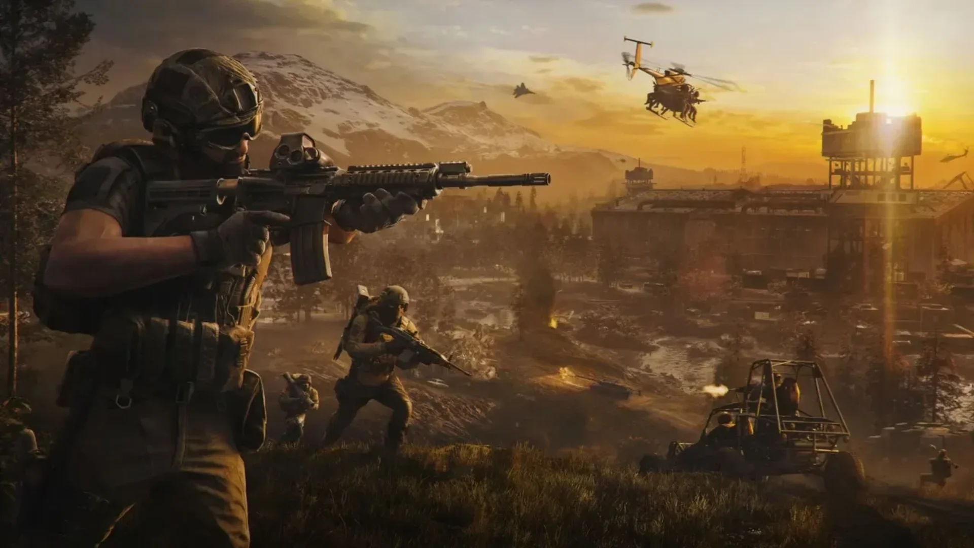 WARDOGS soldiers fight across an industrial battlefield as helicopters, explosions, and vehicles fill the scene.