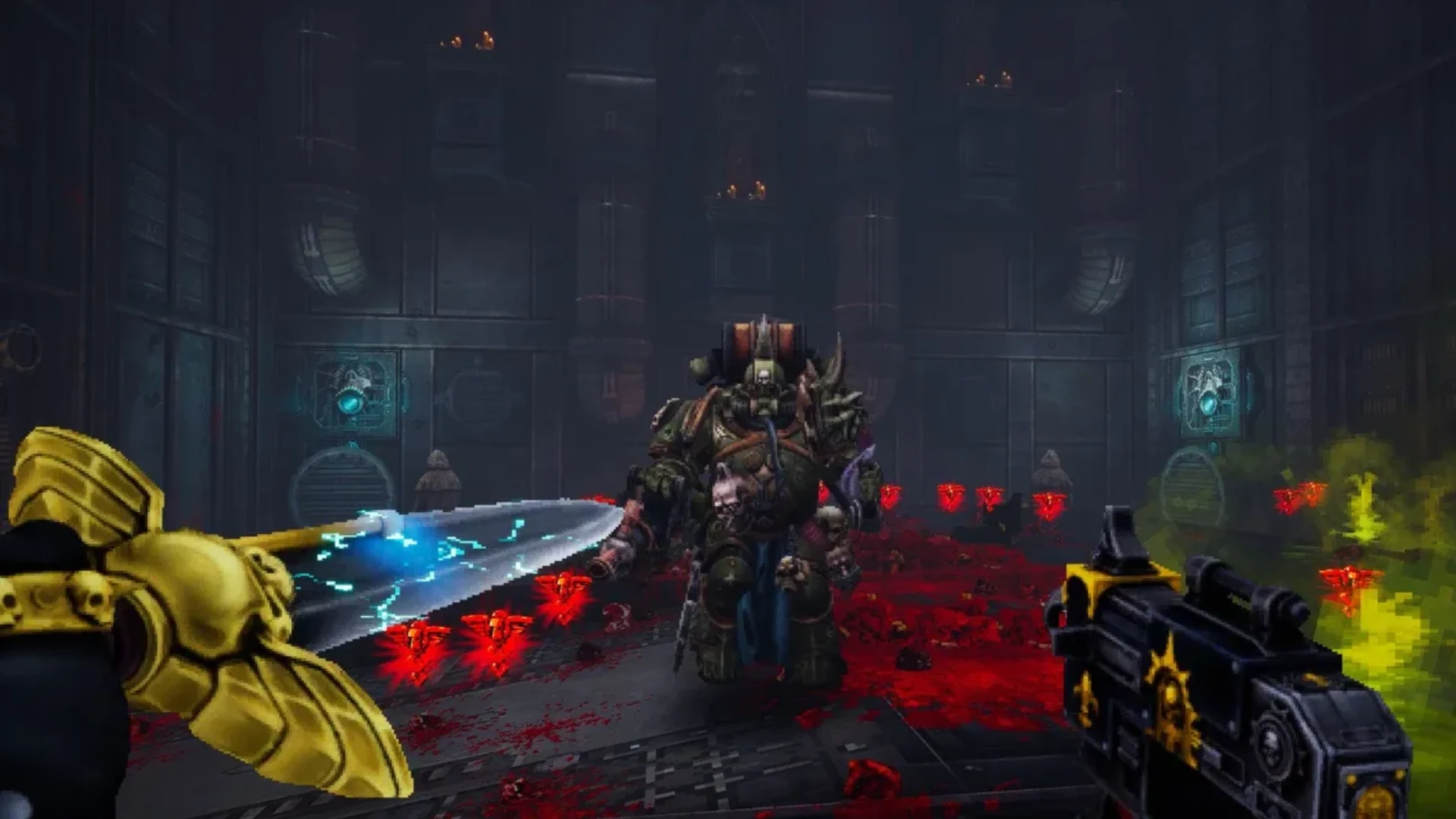 Boltgun 2 first-person combat against an armored Chaos enemy inside a dark industrial chamber.