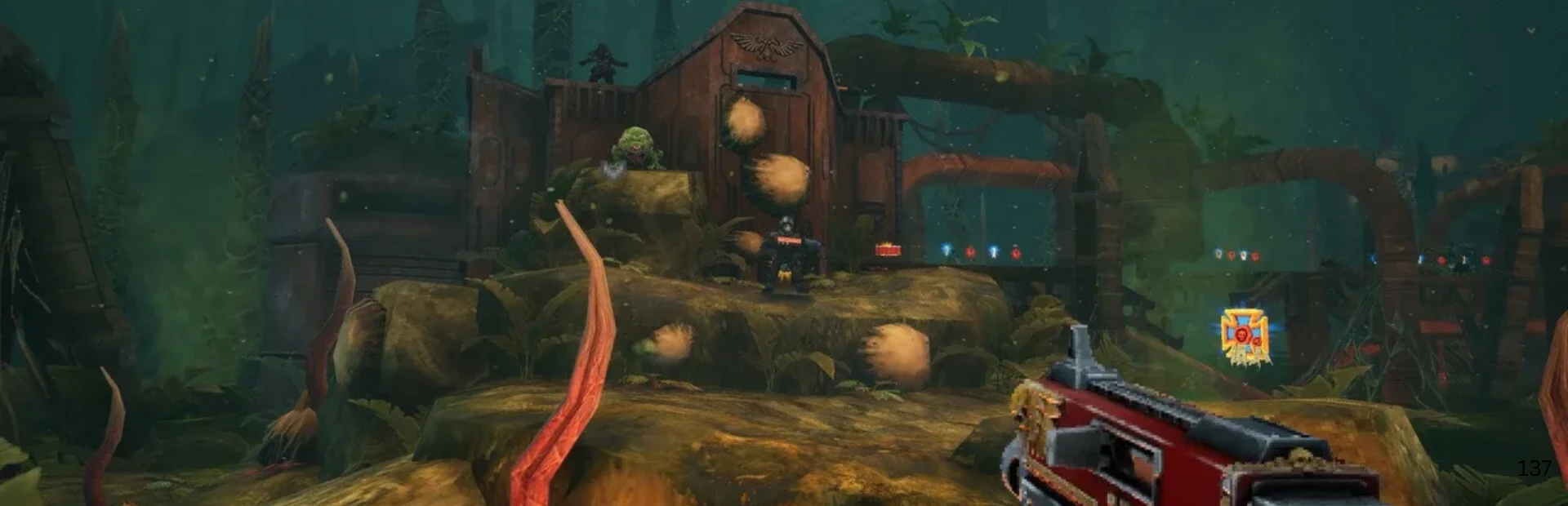 Warhammer 40,000: Boltgun 2 gameplay shows a weapon aimed at enemies in a corrupted jungle.