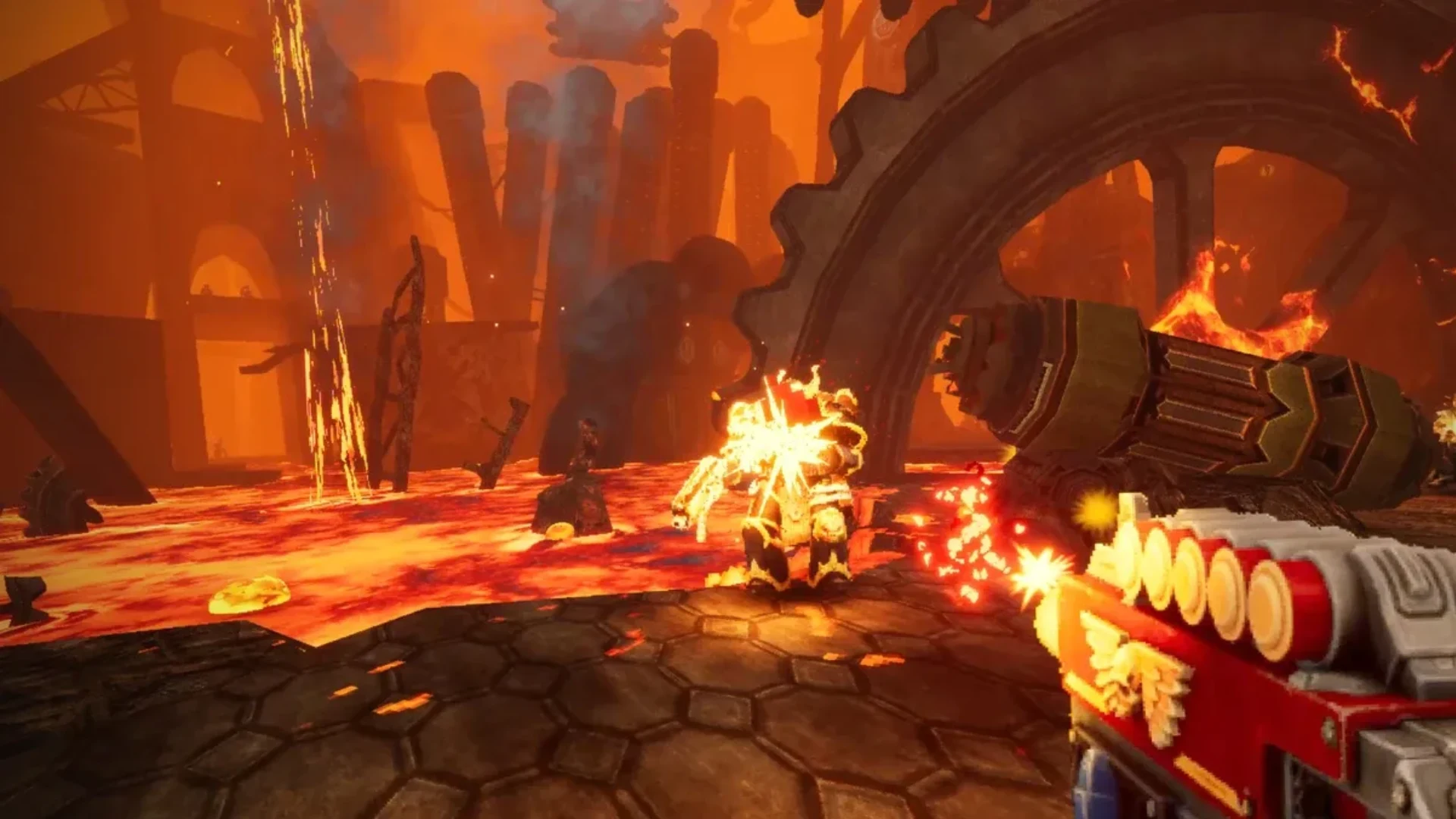 Boltgun 2 gameplay shows a weapon firing at an enemy surrounded by lava and industrial machinery.