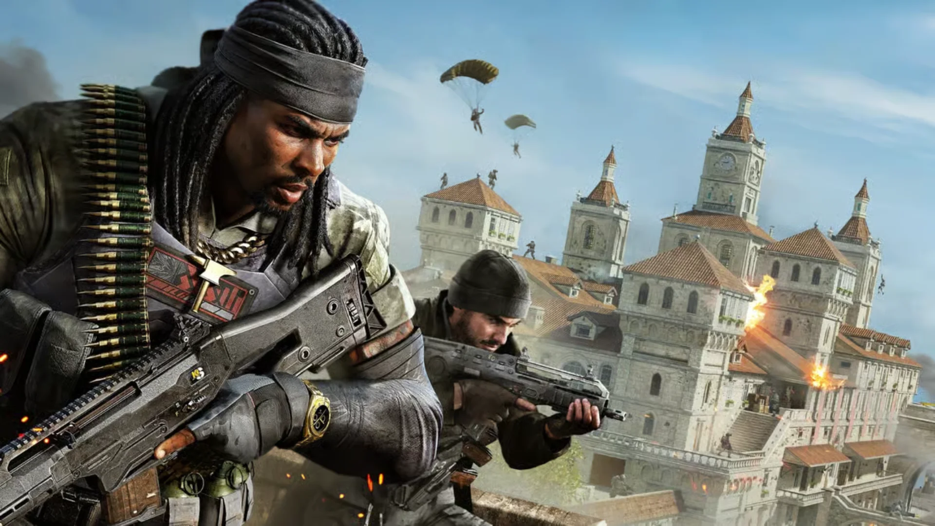 Two Warzone soldiers carry rifles as parachuting players descend over a city during combat.