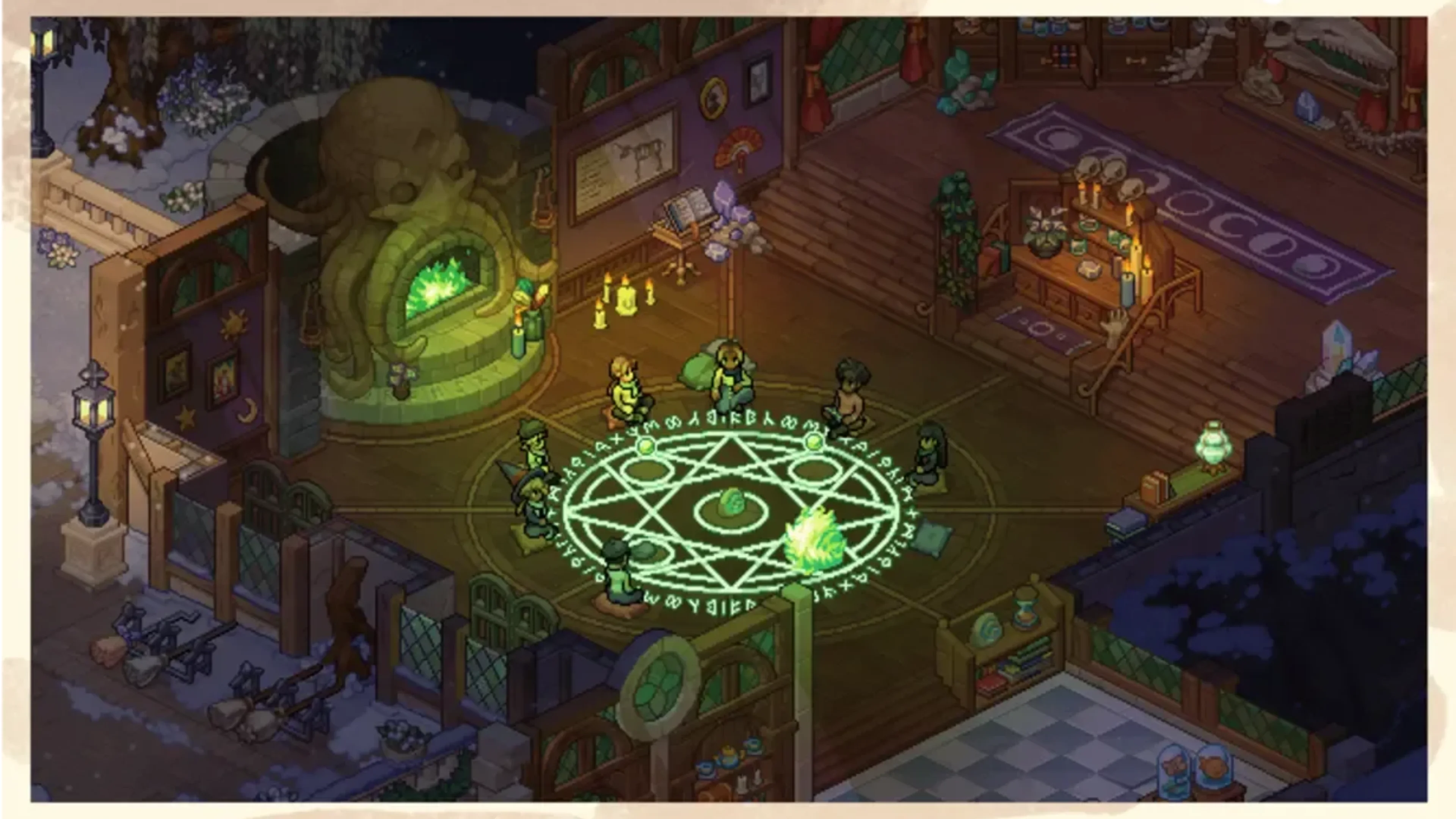 Witchbrook characters gather around a glowing green magic circle inside a candlelit room with a large stone fireplace.