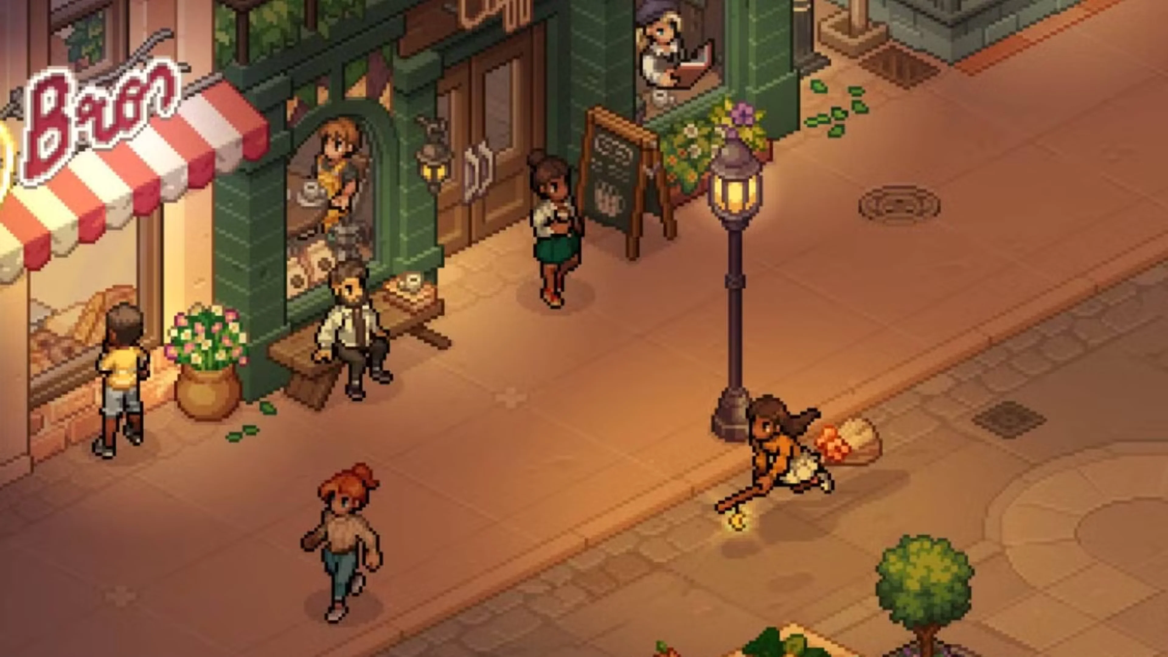 A pixel-art character sweeps a cobblestone street with a broom outside shops decorated with flowers and street lamps in Witchbrook.