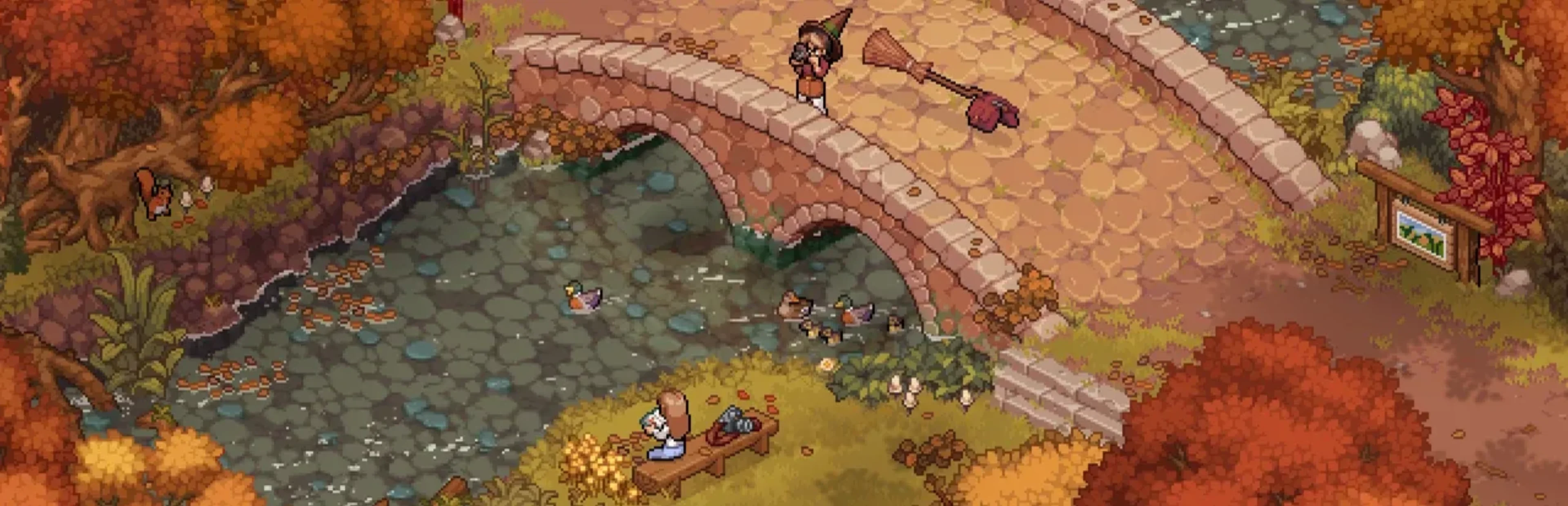 A stone bridge crosses a shallow river surrounded by orange autumn trees, with ducks swimming below and a character standing above.