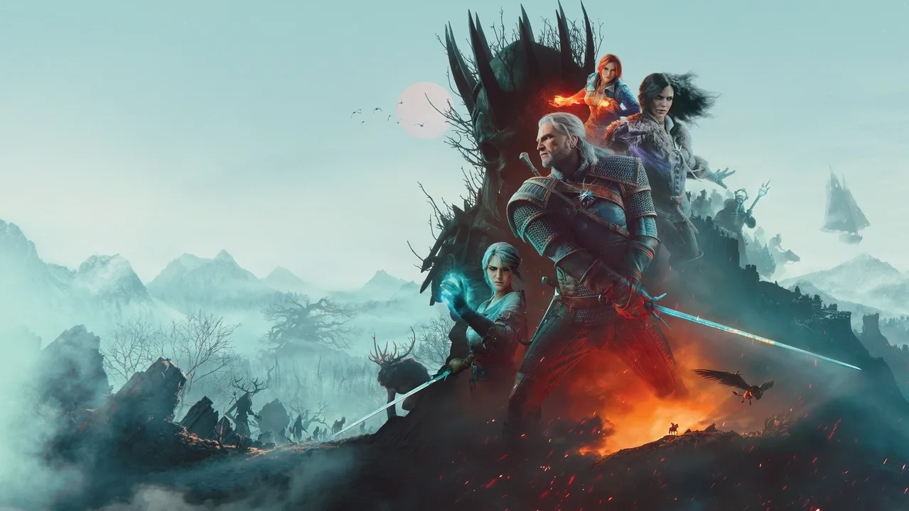 The Witcher 3: Wild Hunt – Geralt of Rivia stands alongside Ciri, Yennefer and Triss against a wintry fantasy landscape.