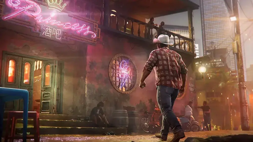 Logan wears a cowboy hat and plaid shirt as he approaches the neon-lit Princess bar in Marvel’s Wolverine.