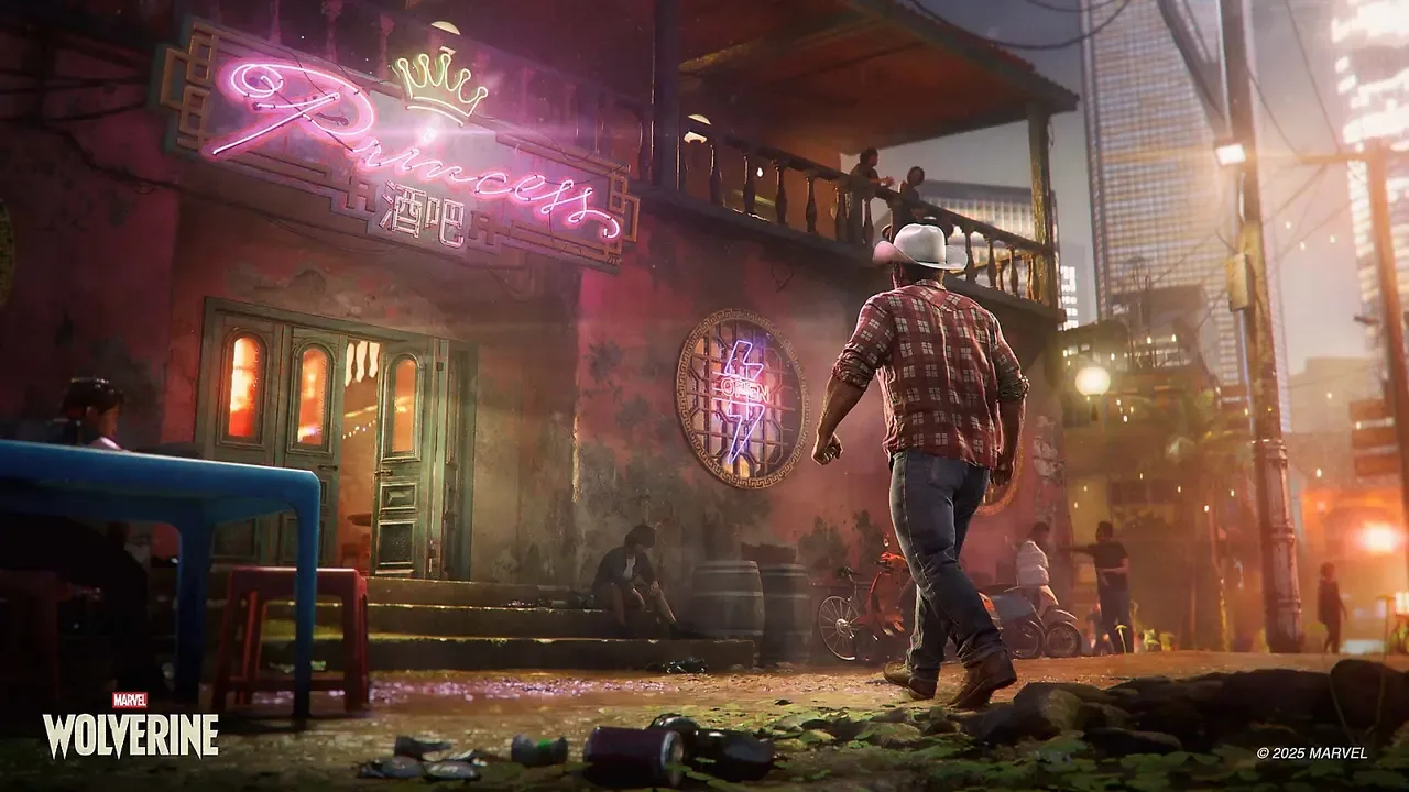 Logan wears a cowboy hat and plaid shirt as he approaches the neon-lit Princess bar in Marvel’s Wolverine.