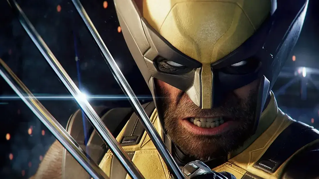 Close-up of Wolverine wearing his yellow and black mask with metal claws raised in front of his face.