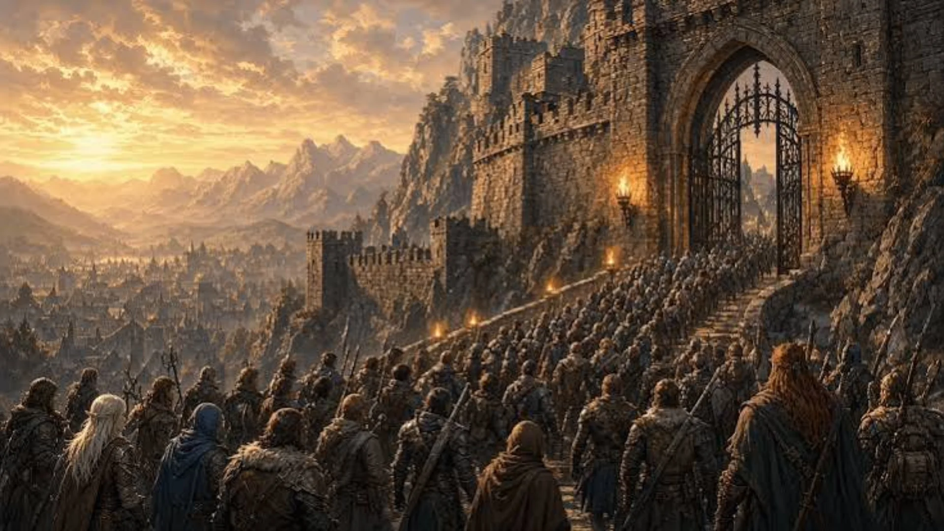A large group of adventurers walks toward a torch-lit stone fortress gate at sunset in World of Warcraft artwork.