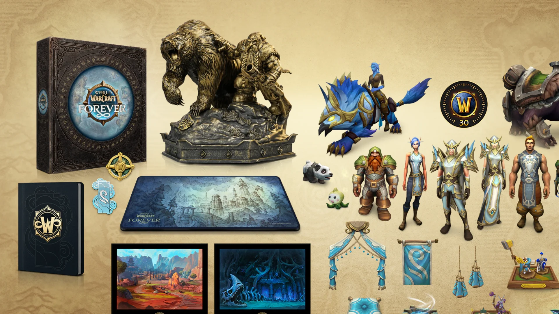 World of Warcraft Forever collection items include a game box, statue, artwork, cosmetics, mounts, pets and anniversary rewards.