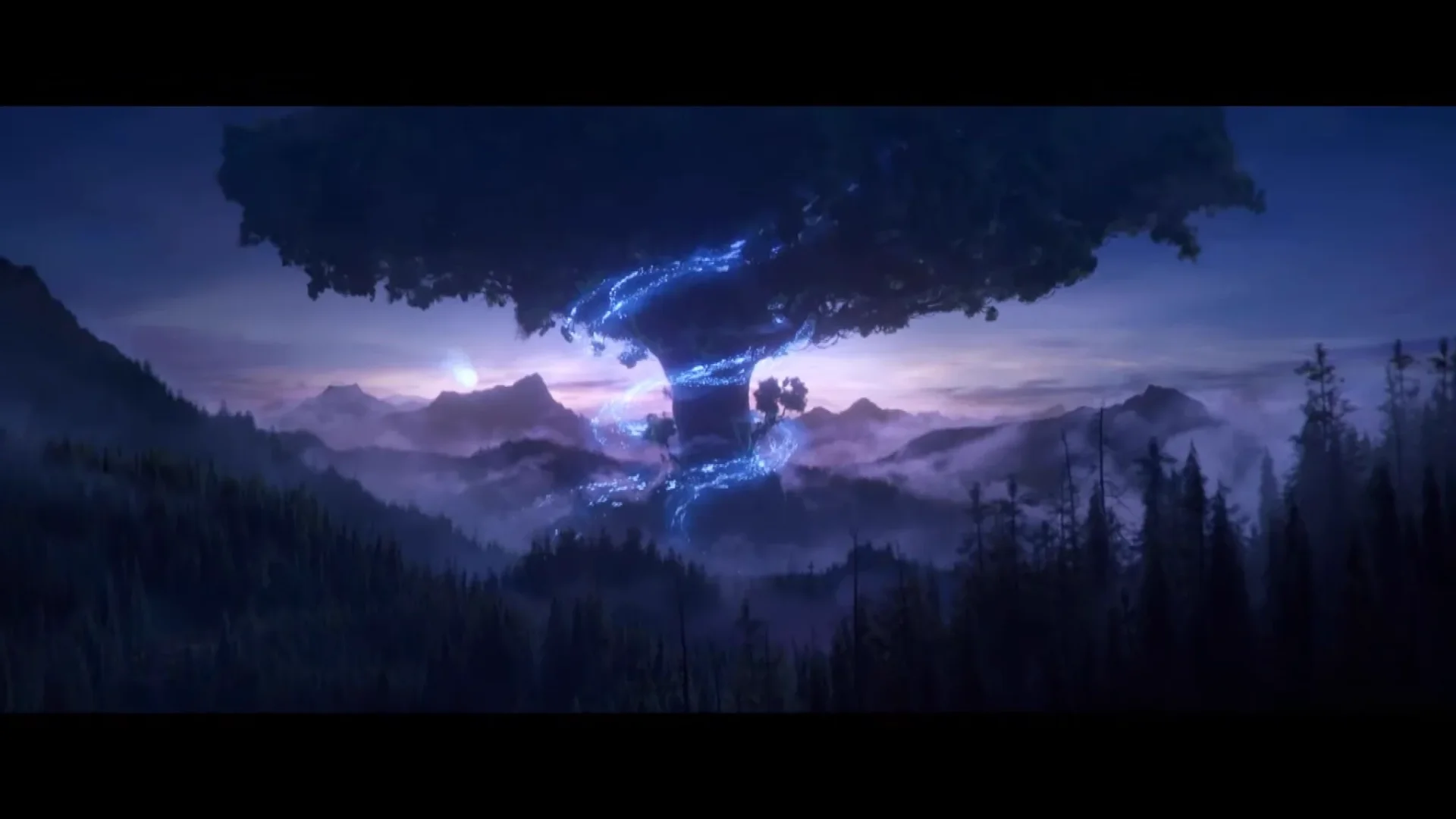 A massive tree wrapped in glowing blue energy rises above mountains beneath a dark stormy sky.
