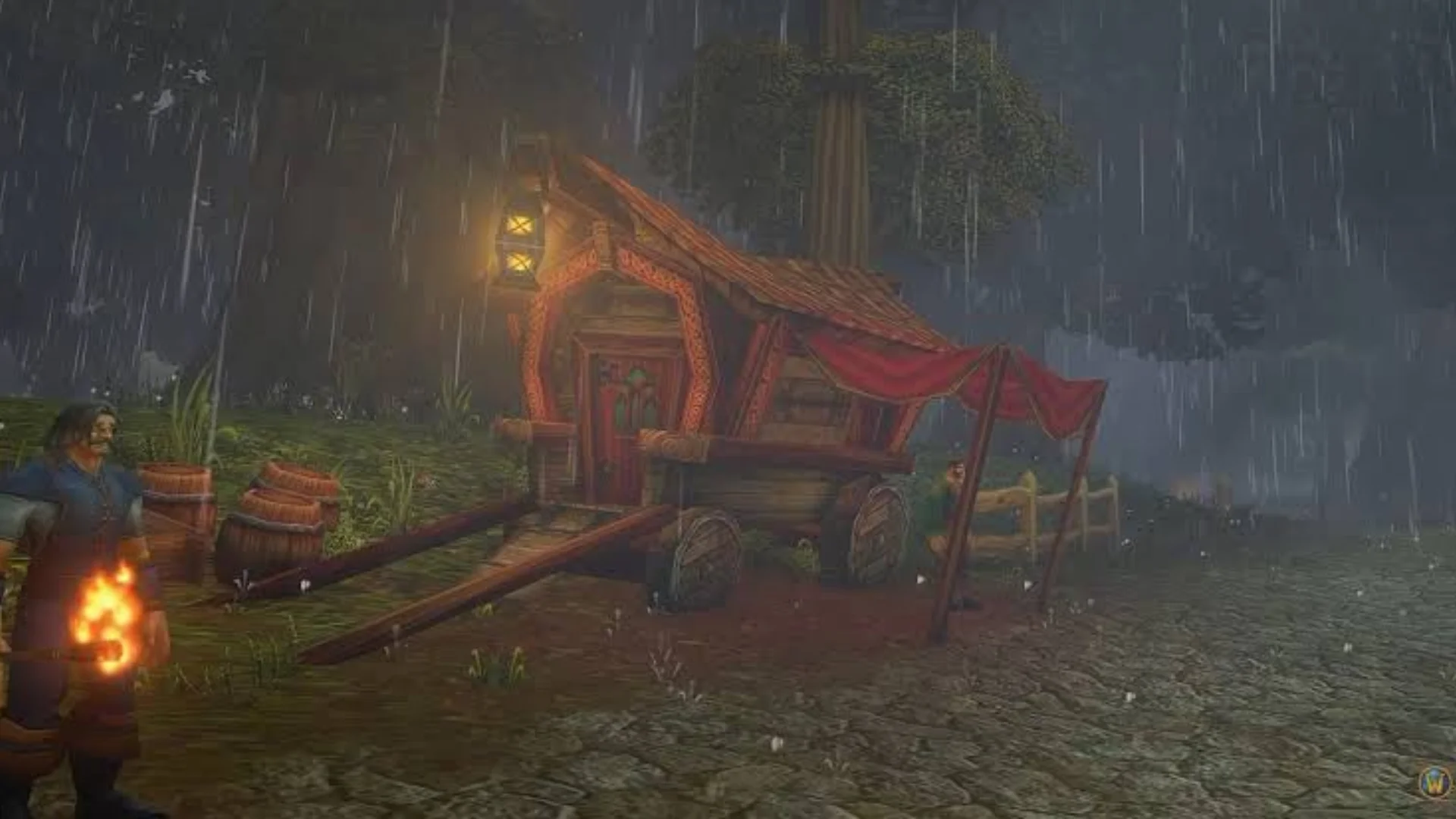 Heavy rain falls around a wooden wagon and roadside camp in a World of Warcraft: Forever beta zone.
