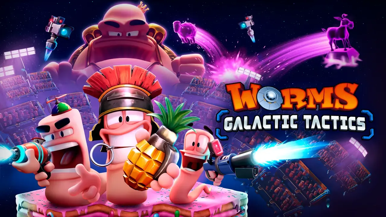 A squad of armed worms preparing for battle in the colourful key art for Worms: Galactic Tactics.