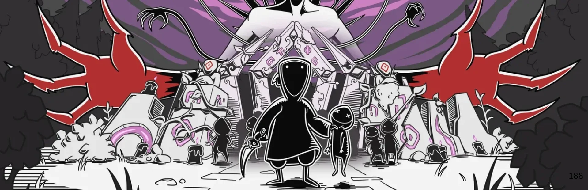 A hooded cult leader and followers stand before an eldritch structure in Worship promotional artwork.