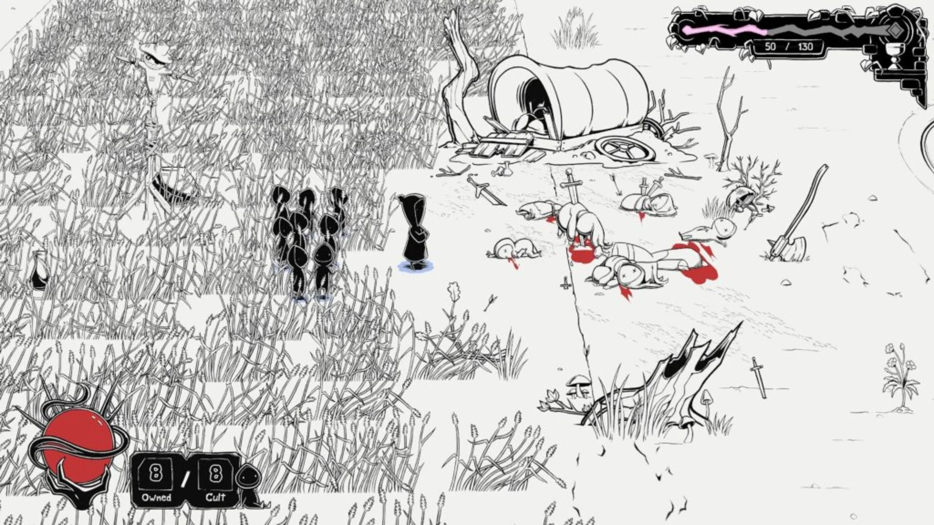 Worship gameplay shows cult followers moving through a hand-drawn battlefield filled with fallen enemies and weapons.