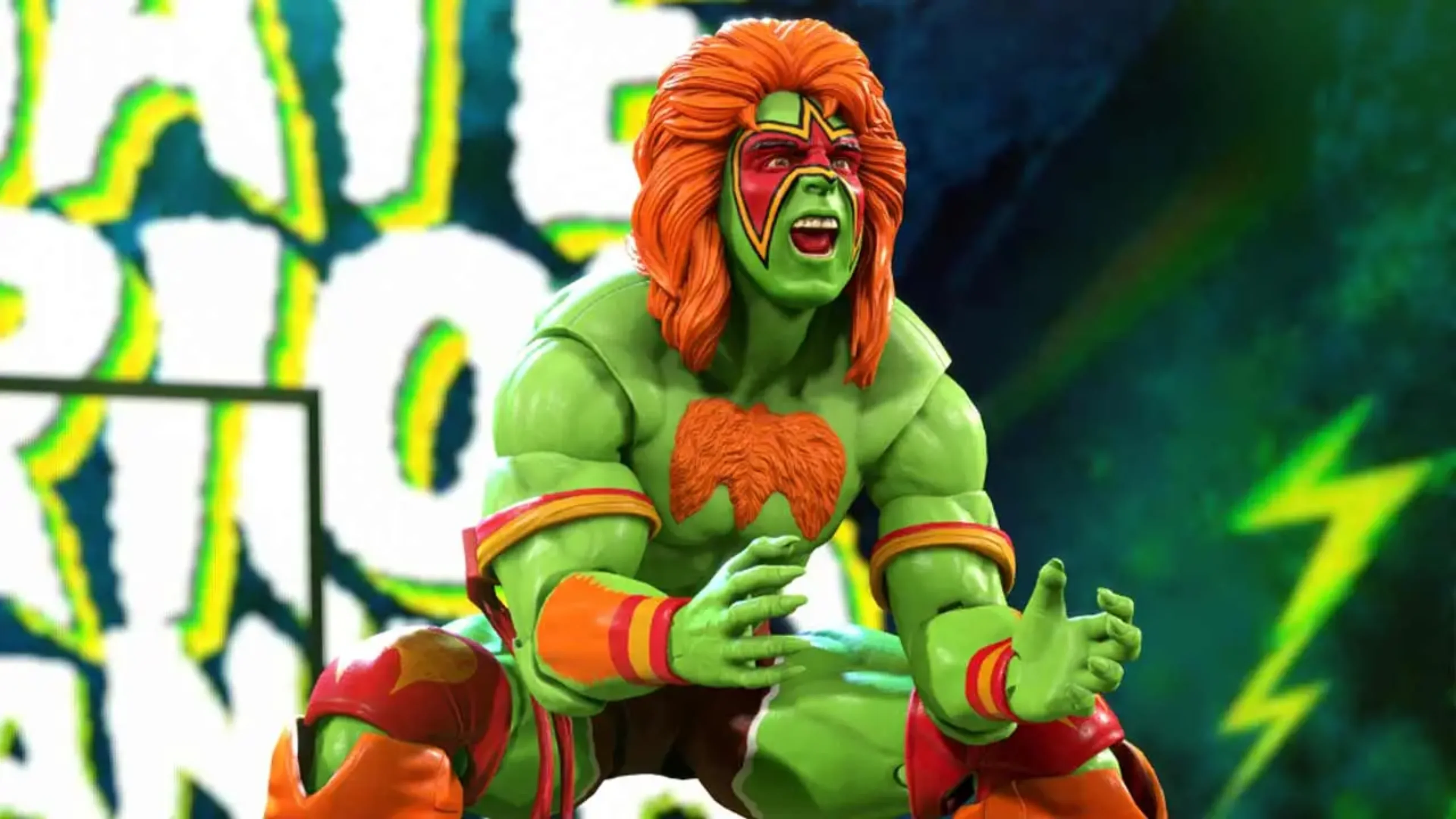 A green Ultimate Warrior action figure inspired by Street Fighter's Blanka poses with orange hair, face paint and wrestling gear.