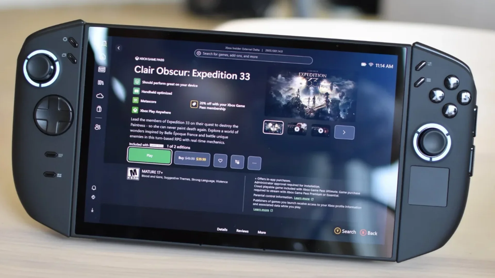 A gaming handheld displays the Xbox app page for Clair Obscur: Expedition 33.