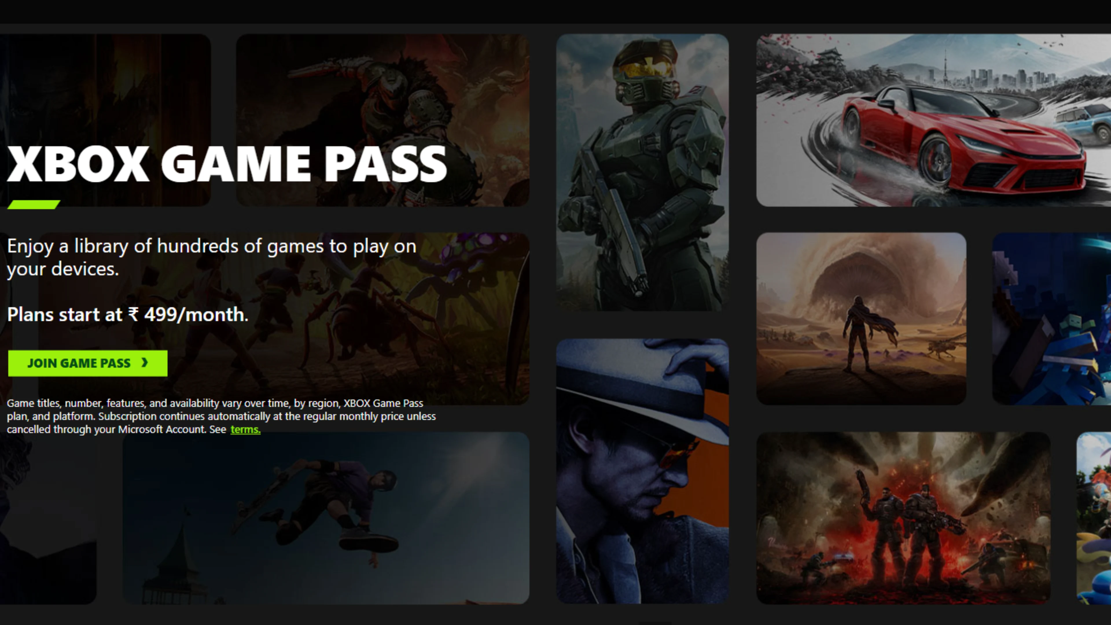 Xbox Game Pass promotional screen displaying the subscription service, pricing in Indian rupees and artwork from games including Halo, Doom and Forza.