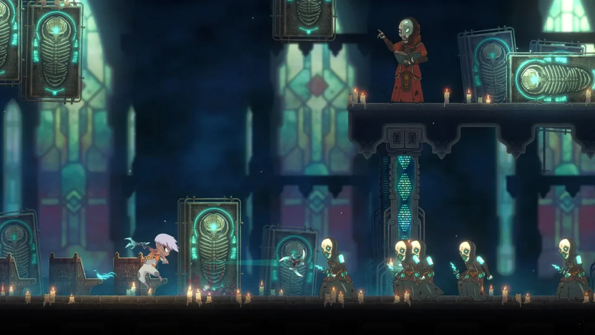 Echo Weaver character battles masked enemies inside a candlelit sci-fi temple