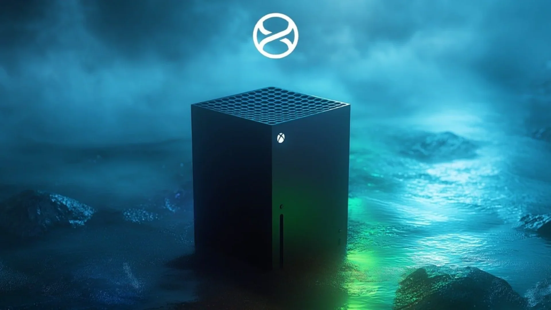 Black Xbox Project Helix console stands against a blue illuminated background with the Xbox logo above it.