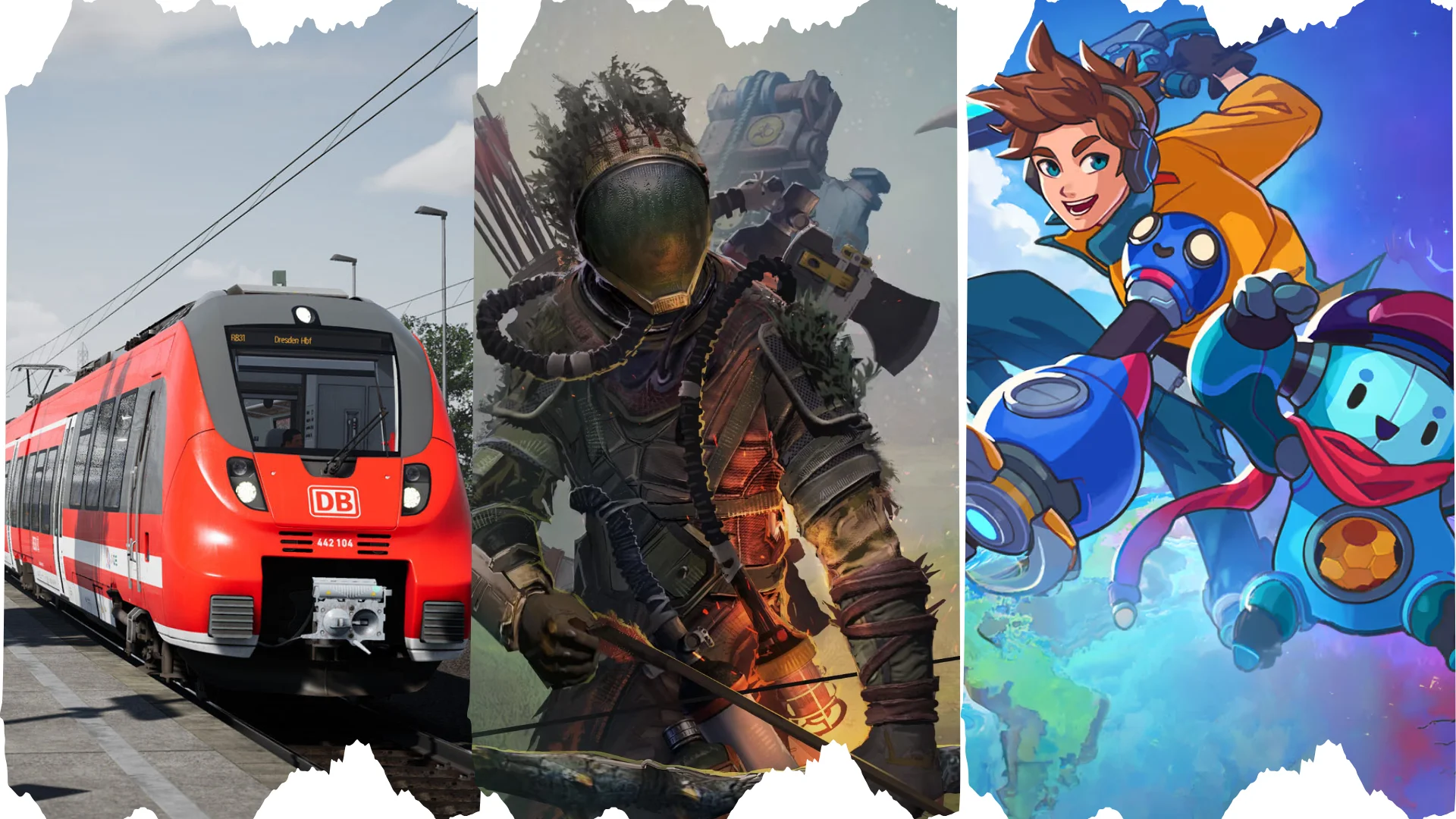 Collage showing Train Sim World 6, Icarus: Console Edition, and Lynked: Banner of the Spark.