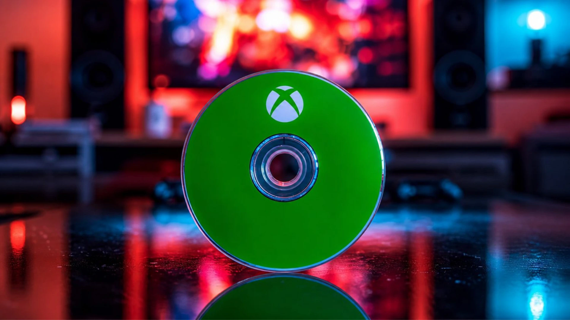 Green Xbox game disc stands upright in front of a gaming setup