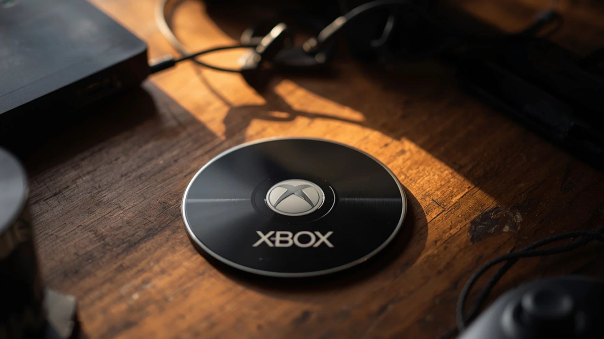Black Xbox-branded game disc rests on a wooden desk beside gaming hardware