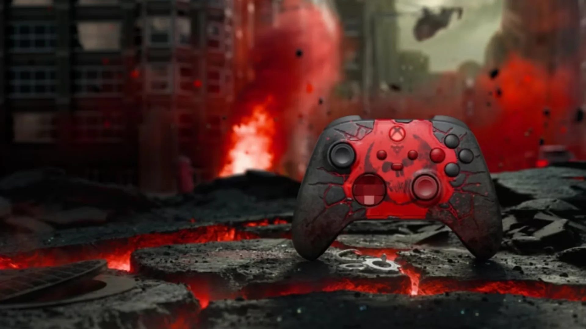 Gears of War E-Day Xbox Wireless Controller with a cracked asphalt and Crimson Omen design