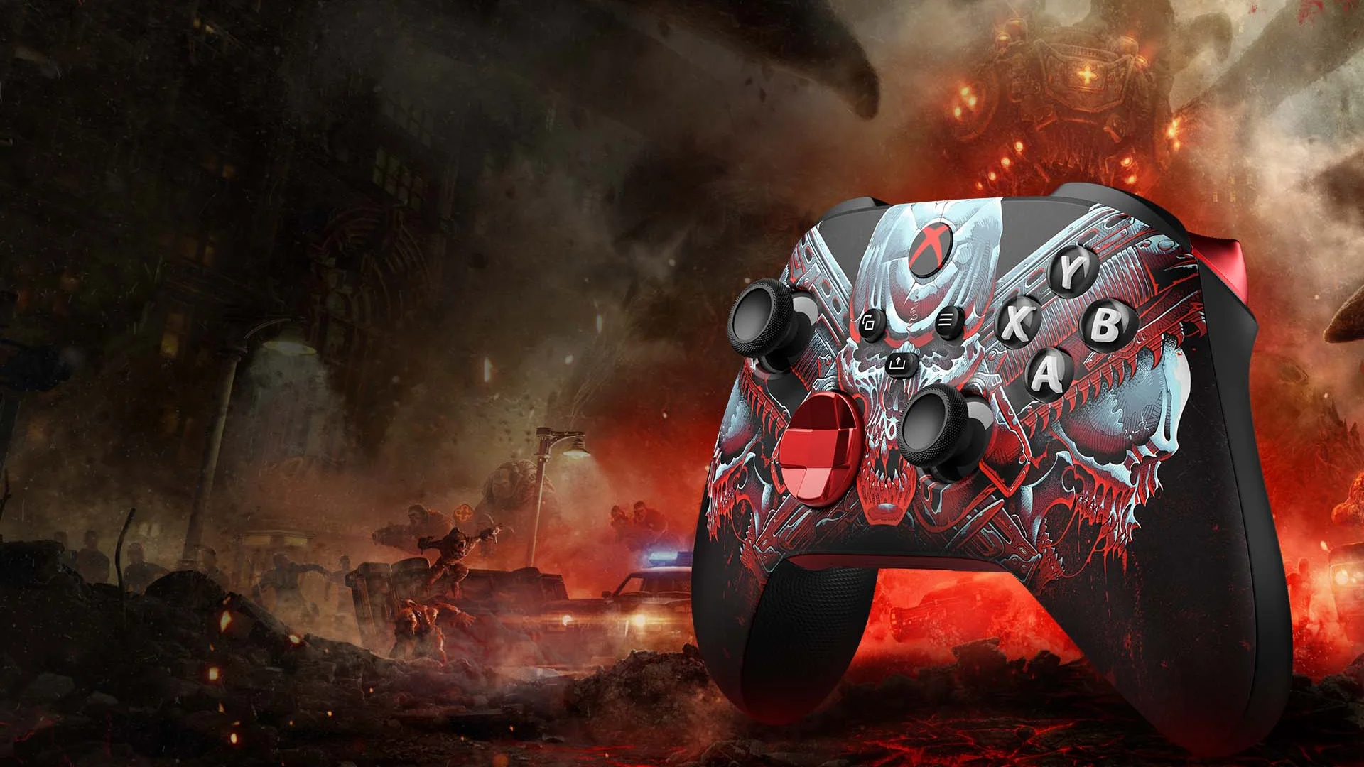 Gears of War E-Day Xbox controller with a skull, Lancers, and Gears-inspired artwork
