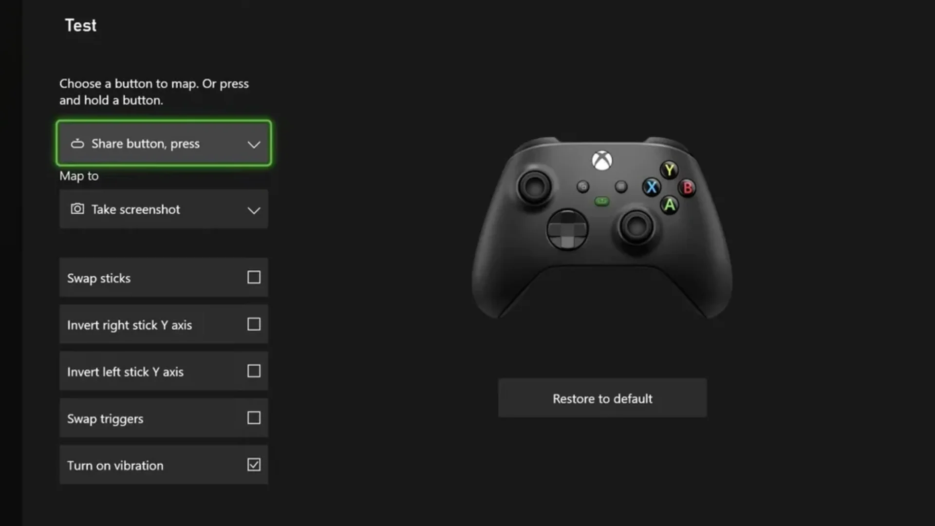 Xbox Accessories app showing the Share button mapped to Take screenshot beside an Xbox Wireless Controller.