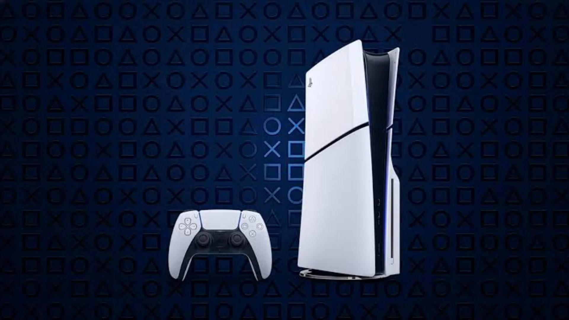 White PlayStation 5 console stands beside a DualSense controller against a dark blue background with PlayStation symbols.