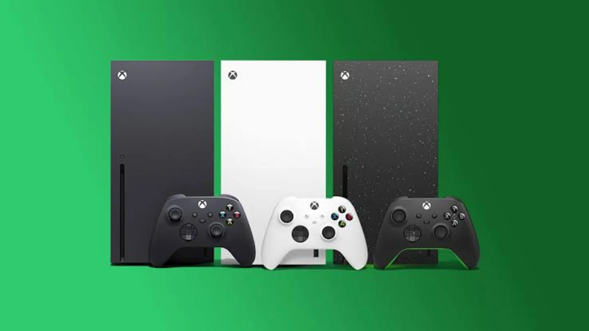 Three Xbox Series X consoles in Carbon Black, Robot White and Galaxy Black stand with matching controllers on a green background.