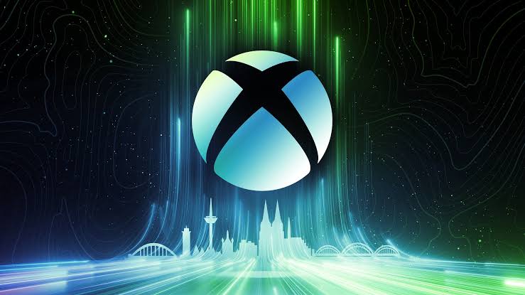 Xbox logo displayed above a futuristic cityscape with green and blue lighting.