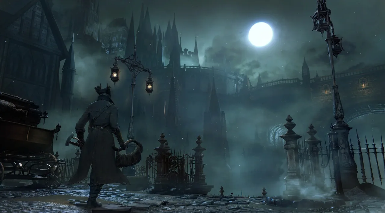 The Hunter overlooks the moonlit Gothic architecture of Yharnam in Bloodborne.
