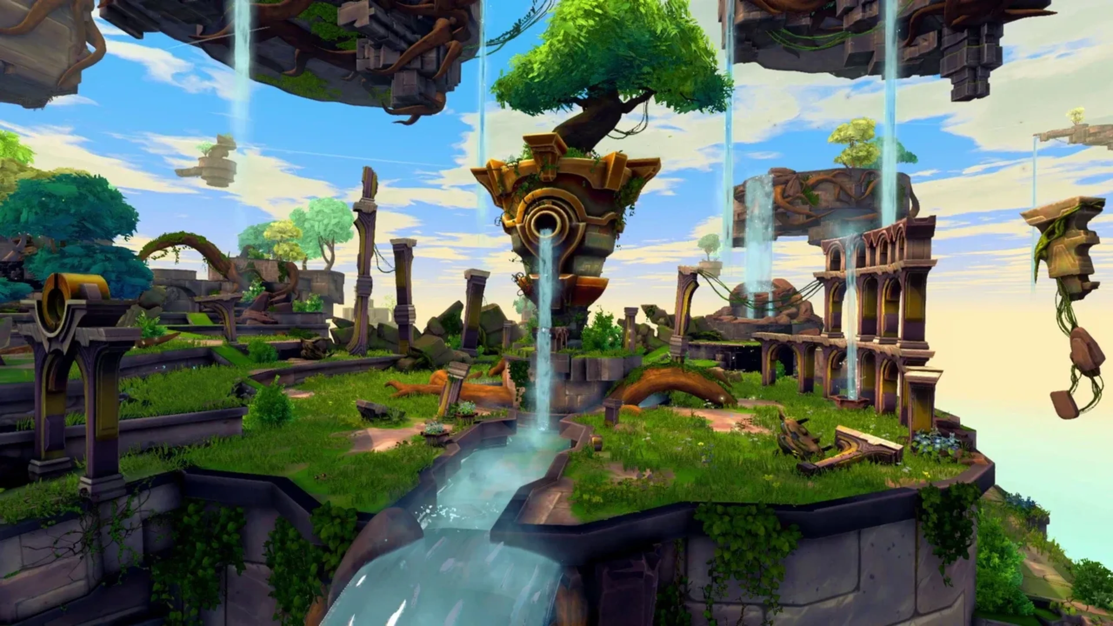 Nexus gameplay environment featuring floating stone ruins, green trees, waterfalls and ancient structures suspended in the sky.