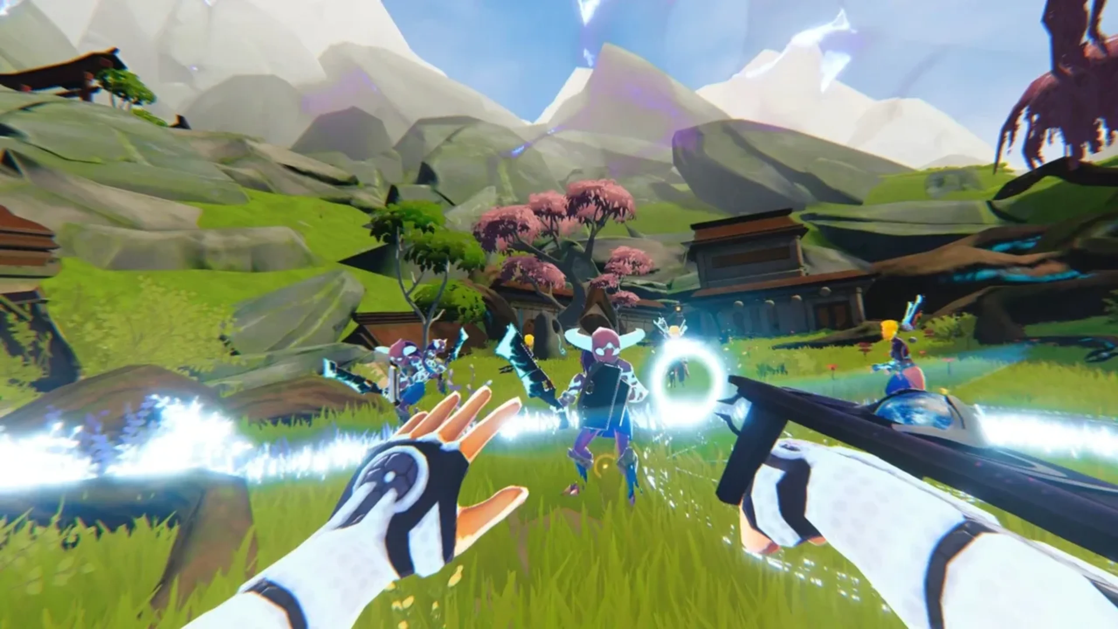 Zenith: Nexus gameplay showing a first-person character using glowing magical attacks against several enemies in a grassy valley with mountains and pink trees.