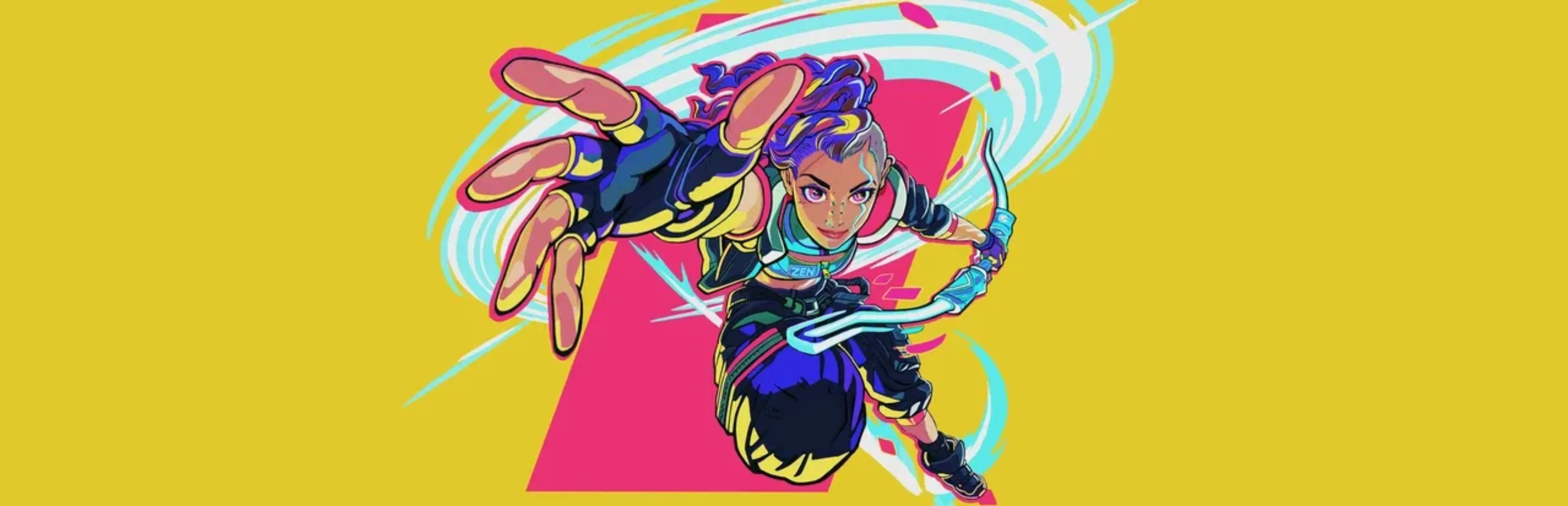 Zenith: Nexus promotional artwork showing a purple-haired character reaching forward while holding a curved blade against a bright yellow and pink background.