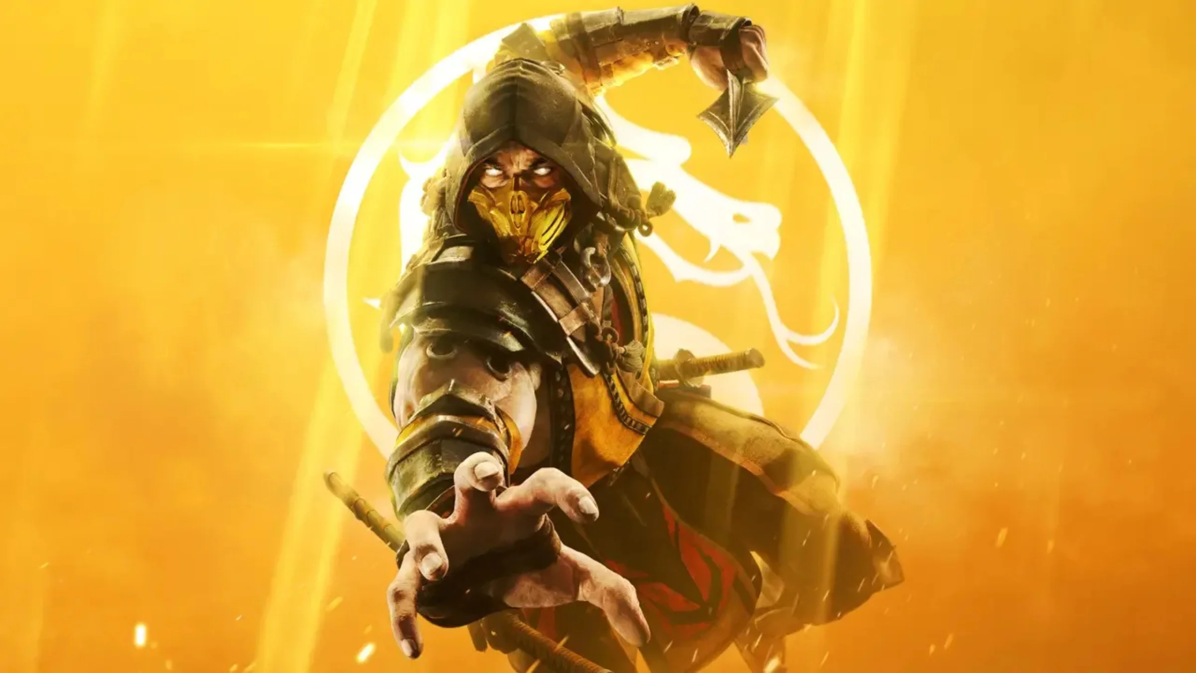 Scorpion lunges forward in a yellow-lit Mortal Kombat promotional image with the series dragon emblem behind him.