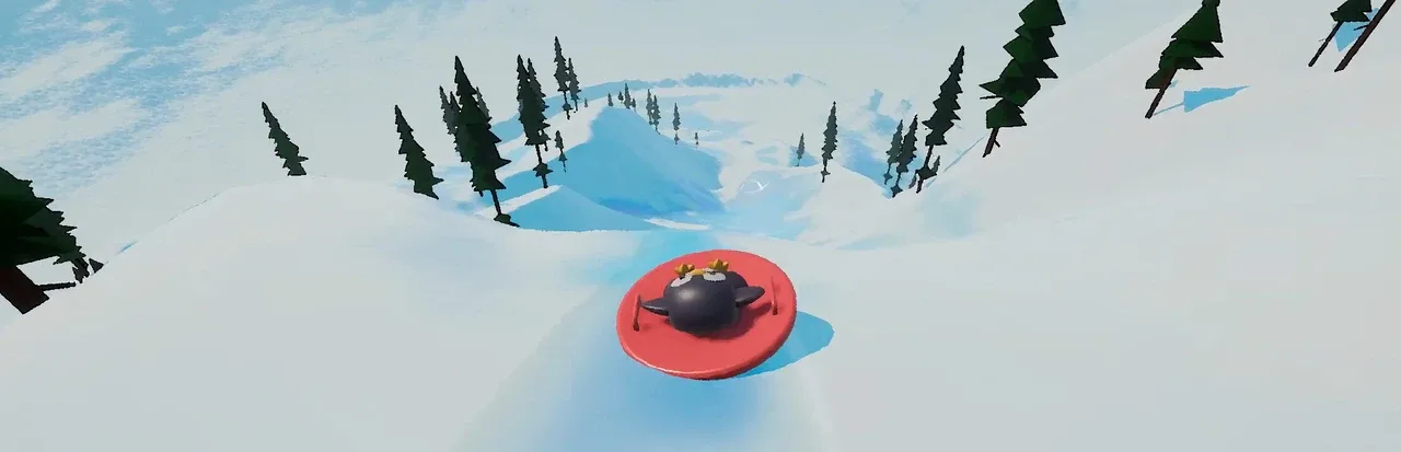 Low-poly winter game scene showing a character riding a red sled down a snowy hill lined with pine trees.